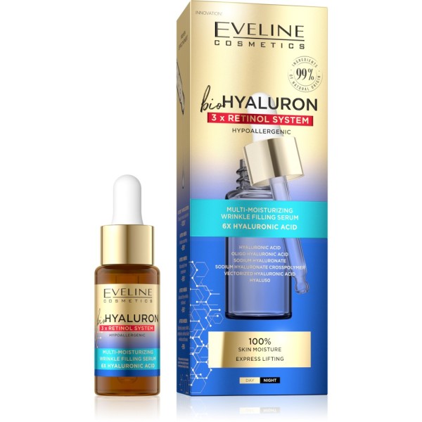 Eveline Cosmetics - Siero - Bio Hyaluron - Sistema Retinolo 3x - Siero Multi-Idratante - Acido Ialuronico 6x - Giorno