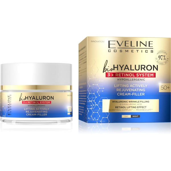 Eveline Cosmetics - Crema viso - Ialurone biologico - Sistema Retinolo 3x - Crema lifting - Giorno 50+